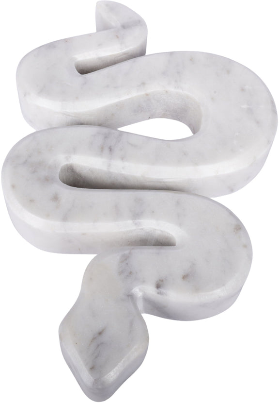 Marble sculptural tabletop object with swirling S-shaped open loop design, white