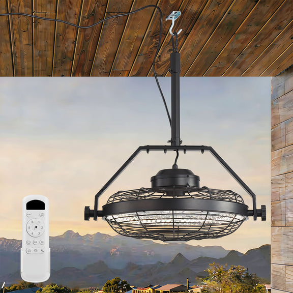 Matte black outdoor ceiling fan light with wire cage and wall remote control