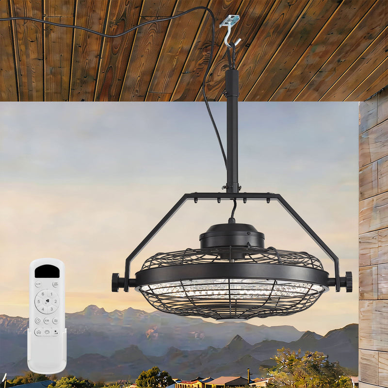 Matte black outdoor ceiling fan light with wire cage and wall remote control
