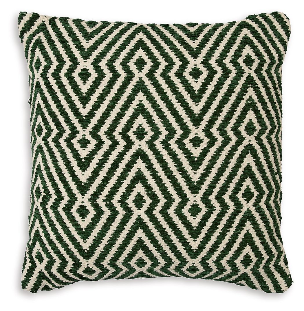 Green and ivory geometric patterned throw pillow, square with stitched edges