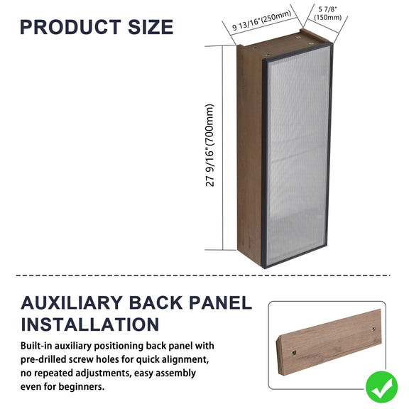 Slim wall mirror cabinet with oak-effect finish and clear mirror door, side view