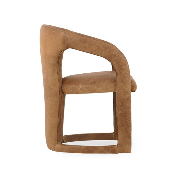 Brown upholstered dining chair with curved wooden frame, open back and cushioned seat
