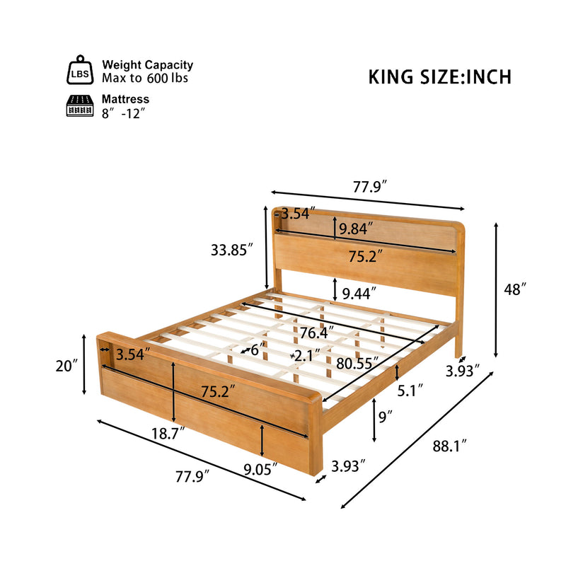 King-size bed frame diagram with slat support and dual open storage