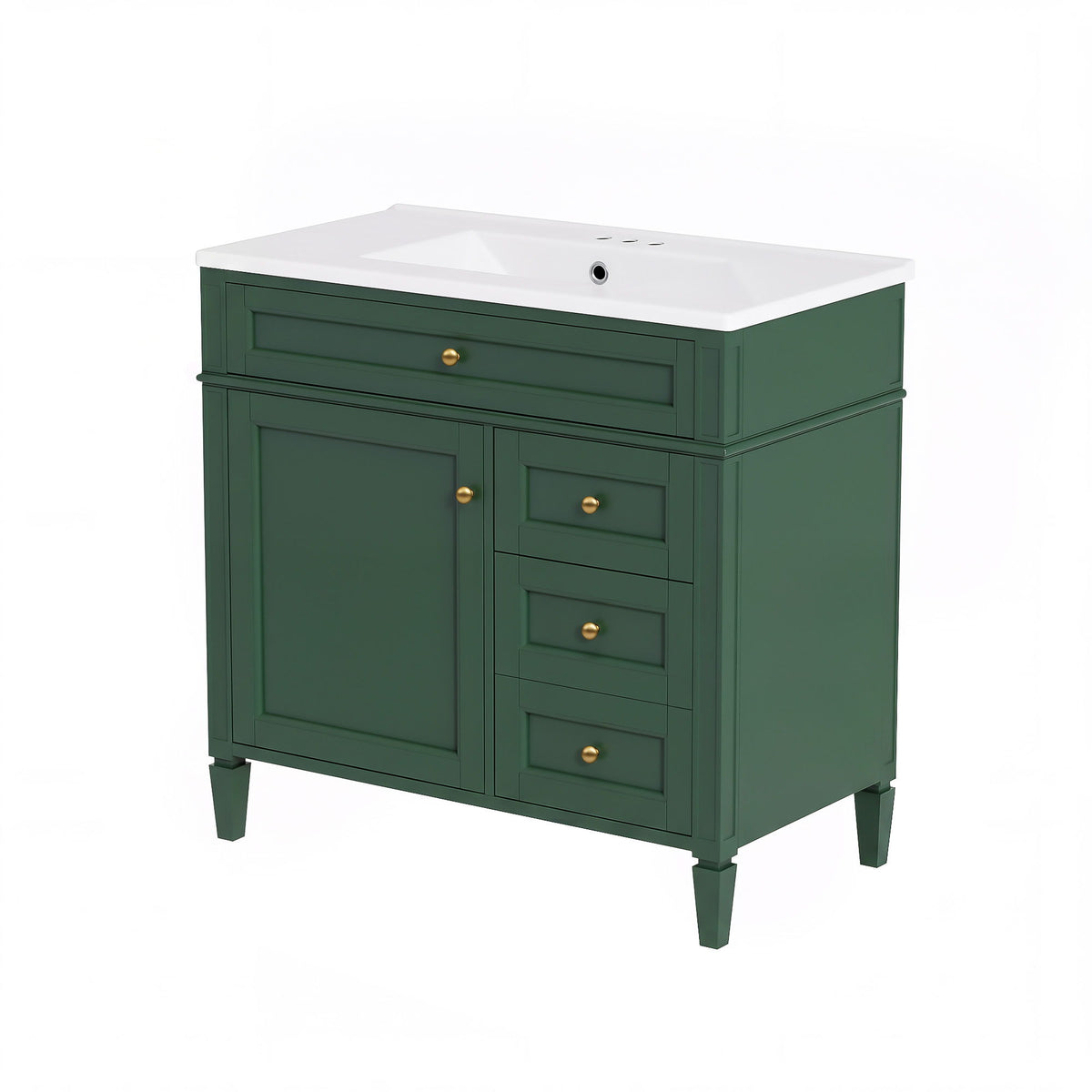 Dark green bathroom vanity with white sink, one door, three drawers and tip-out drawer