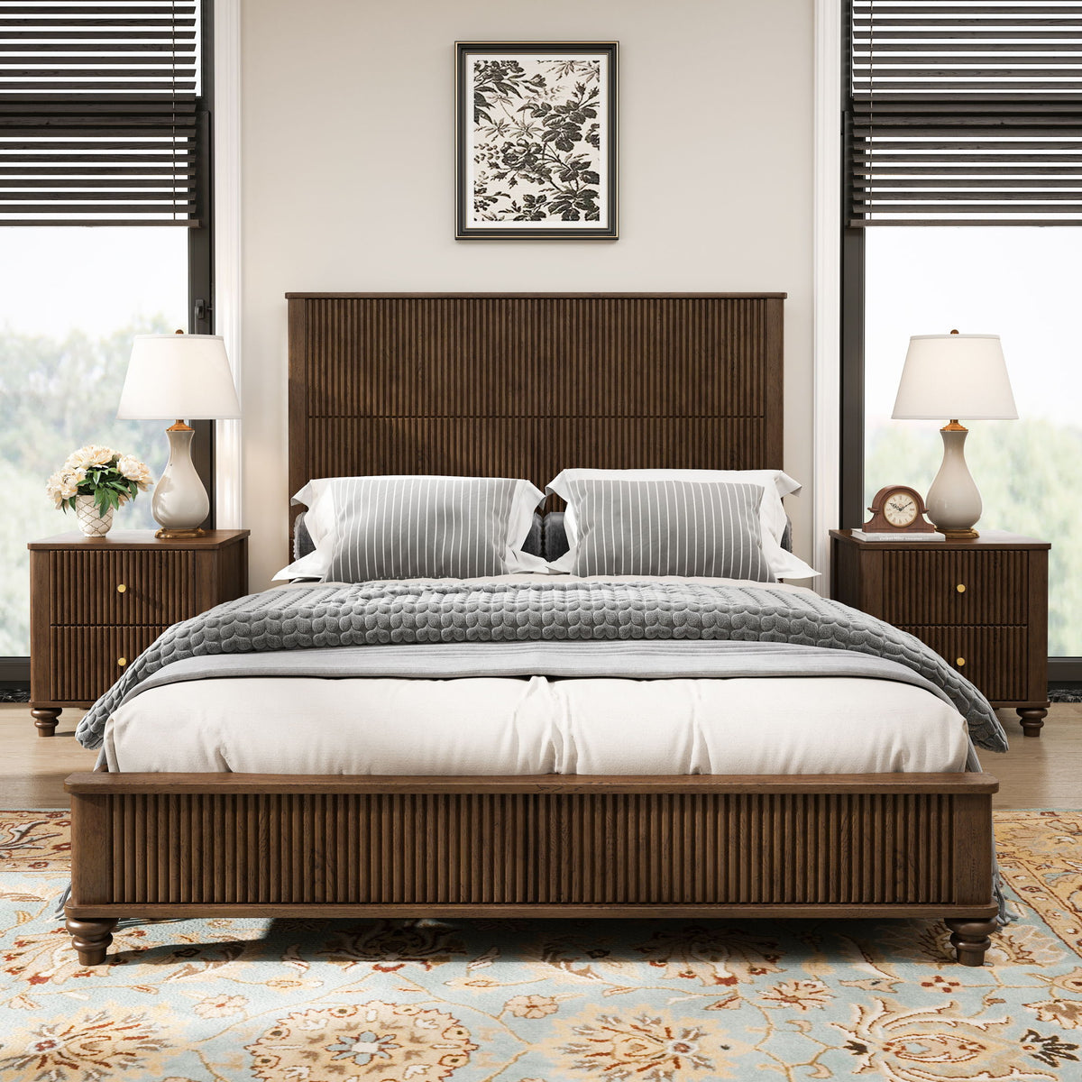 Brown panel bed with white bedding and striped pillows, with two matching nightstands