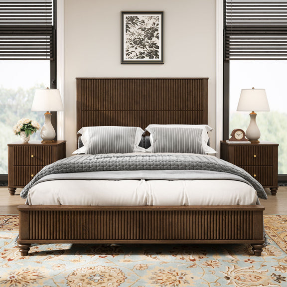 Brown panel bed with white bedding and striped pillows, with two matching nightstands