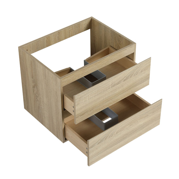 Light brown wall-mounted bathroom vanity with two open soft-close drawers, inset sink basin