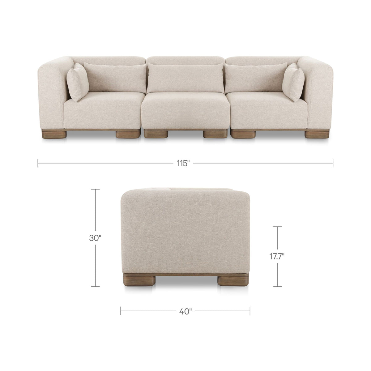 Modular sofa dimensions 40"W x 17.7"D x 30"H with padded armrests