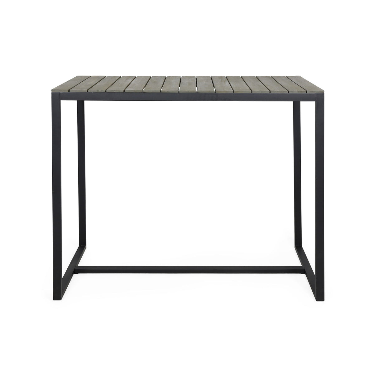 Gray metal frame outdoor bar table with slatted acacia wood top