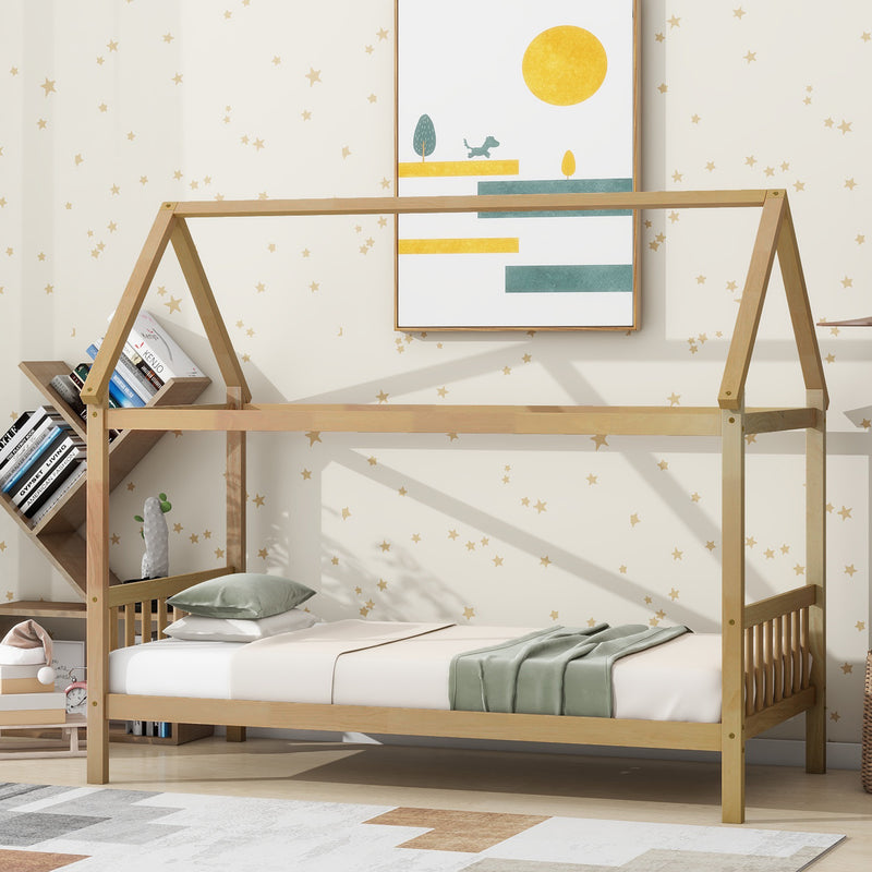Twin House Bed with Headboard and Footboard, Twin Rubber Wood Bed with House Frame, White OAK