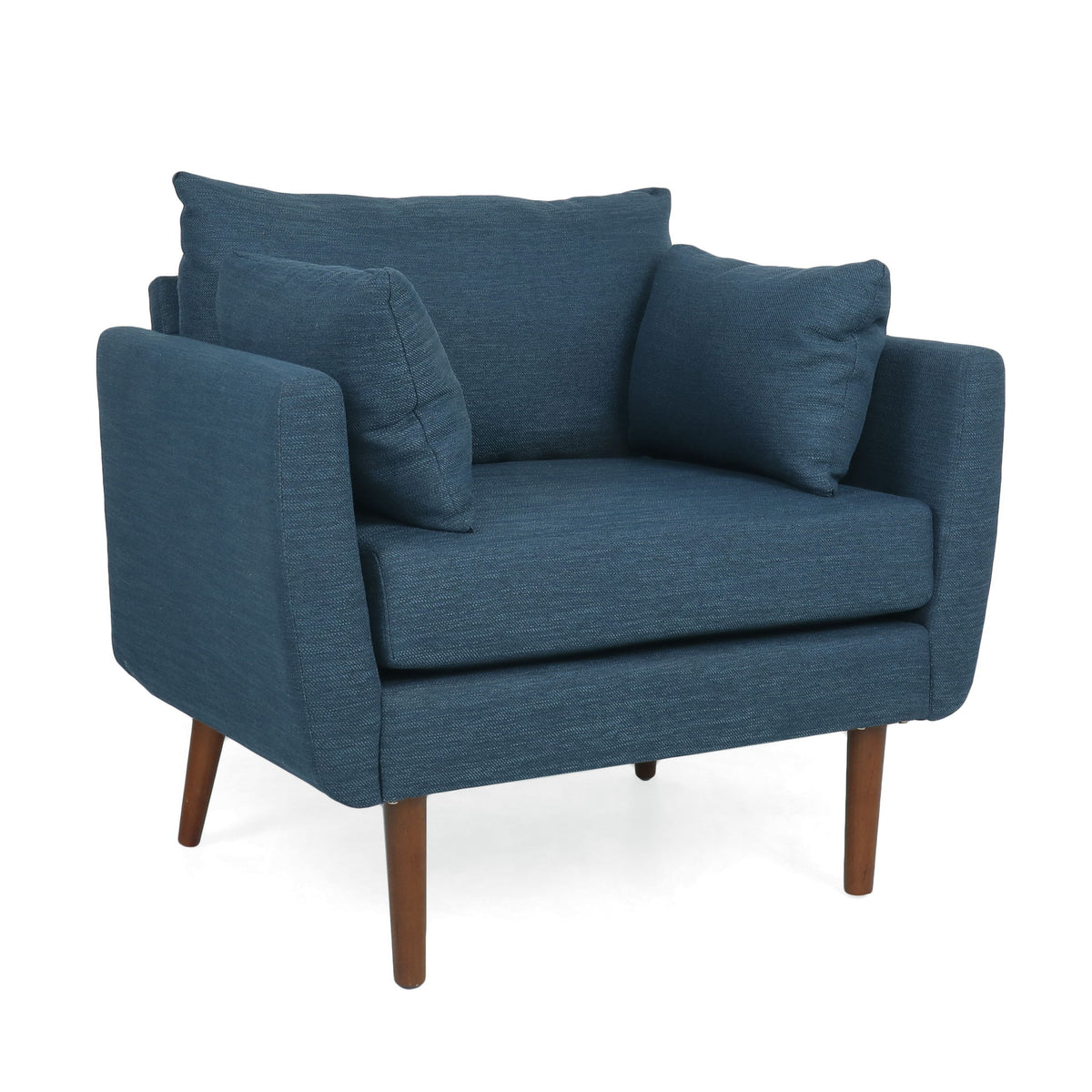 Navy upholstered club chair with two accent pillows and tapered wooden legs