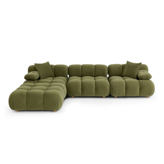 Olive green modular sectional sofa with rounded chaise ends and multiple square back cushions