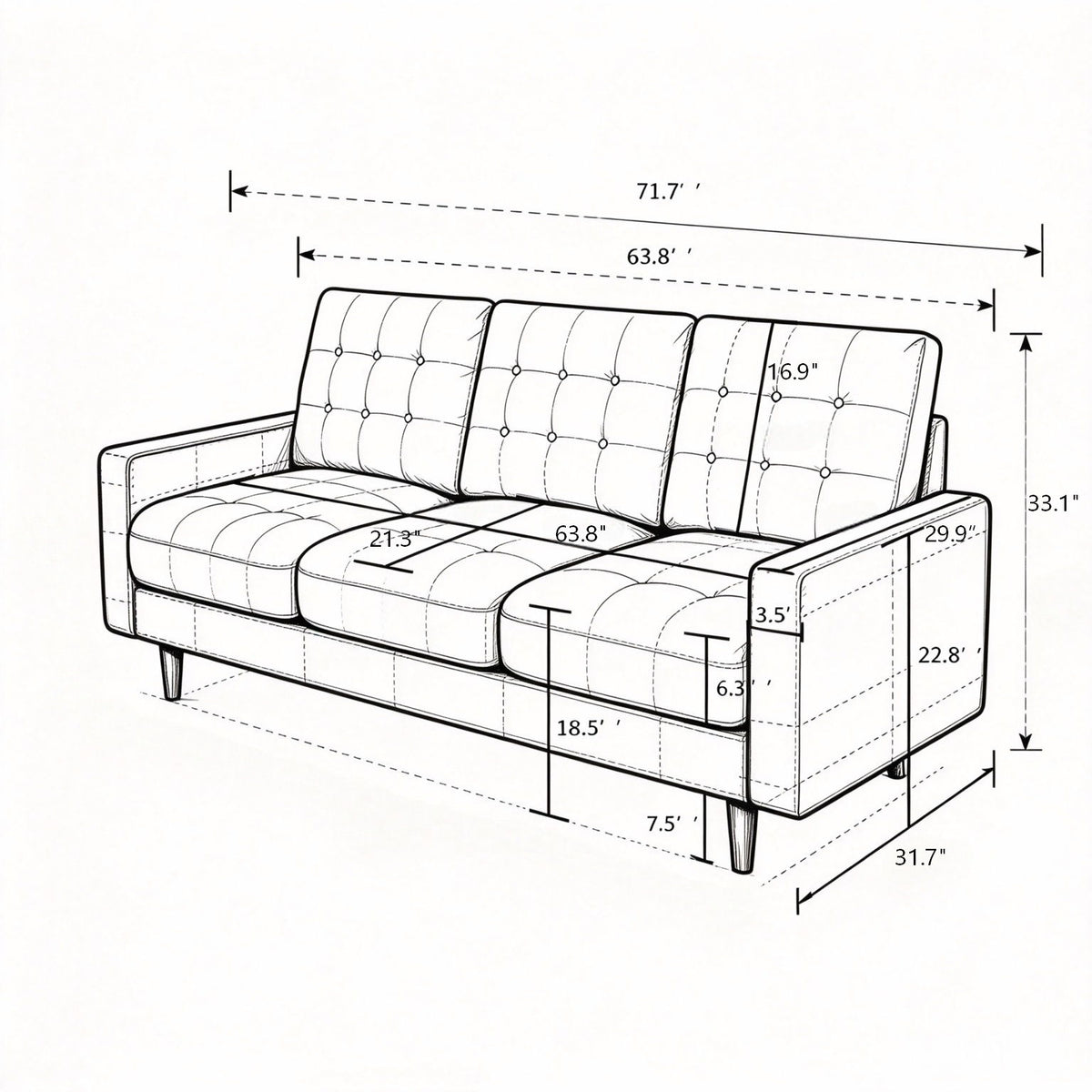 Dimension diagram of a three-seat tufted sofa with overall width, depth, and height measurements