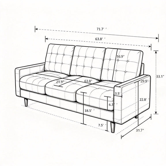 Dimension diagram of a three-seat tufted sofa with overall width, depth, and height measurements