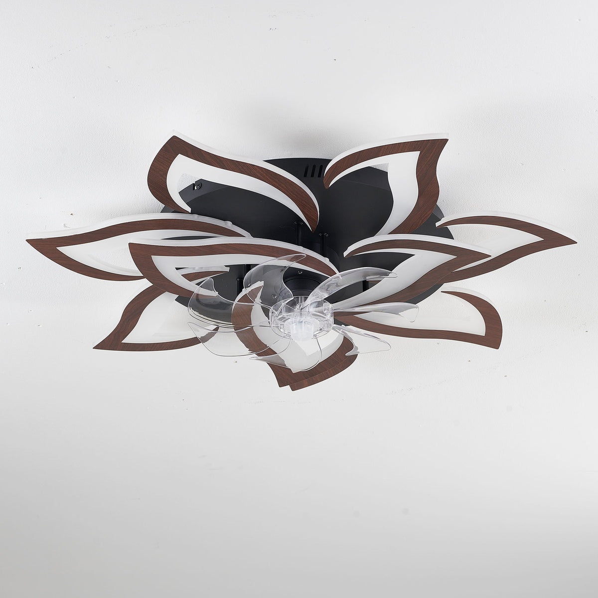 Flower flush-mount ceiling fan with LED light, clear central glass cover
