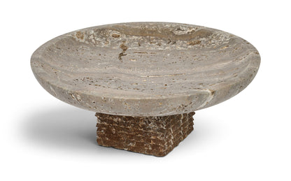 Gray travertine bowl with wide round rim and chunky pedestal base