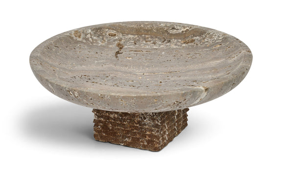 Gray travertine bowl with wide round rim and chunky pedestal base