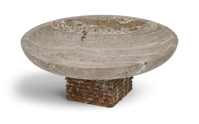 Gray travertine bowl with wide round rim and chunky pedestal base