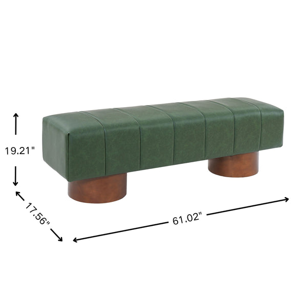 Dark green upholstered dining bench with tufted seat and rounded wooden legs