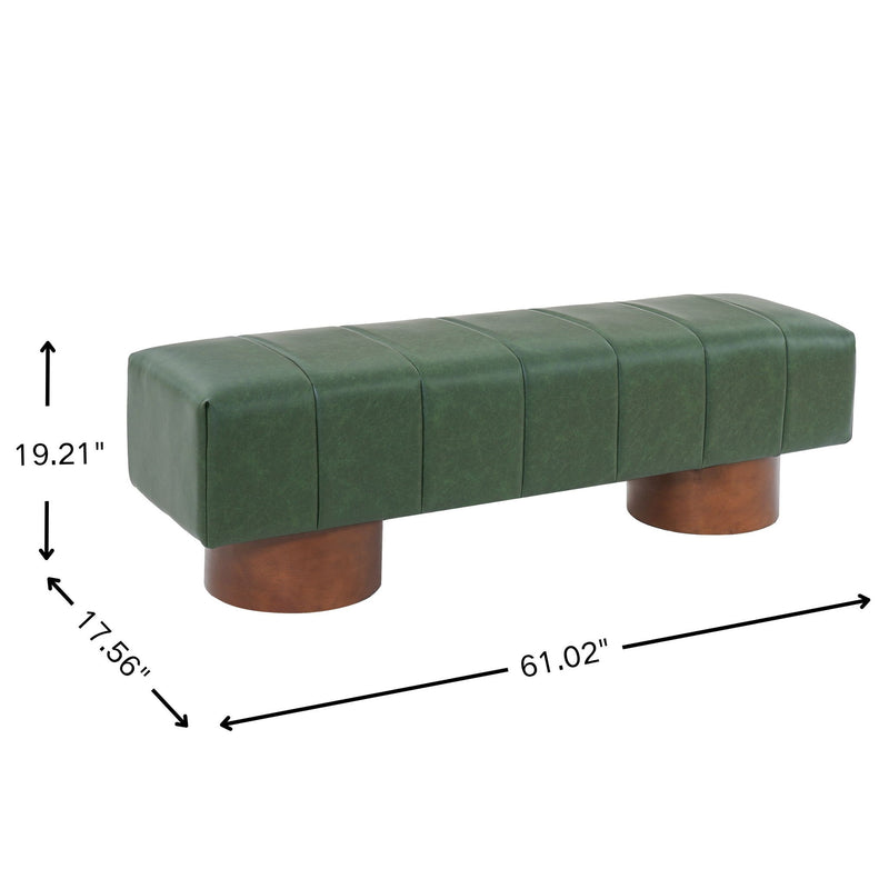 Dark green upholstered dining bench with tufted seat and rounded wooden legs