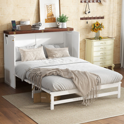 White Murphy bed cabinet with storage drawer, open guest bed with pillows and blanket