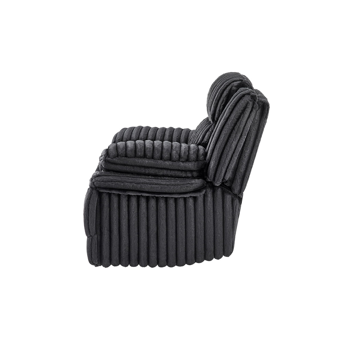 Black ribbed power recliner chair, side angle with rolled arms
