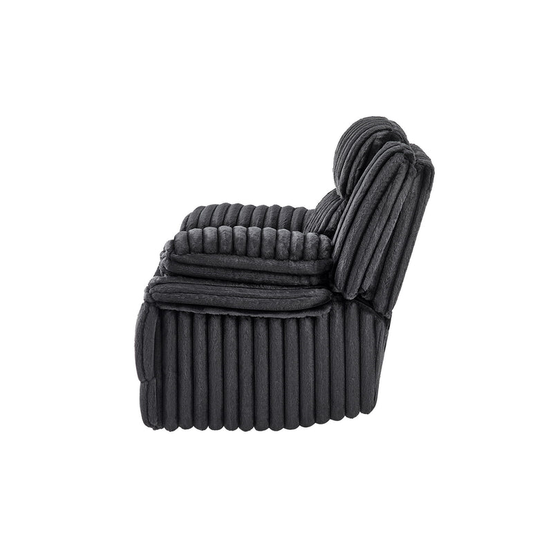 Black ribbed power recliner chair, side angle with rolled arms