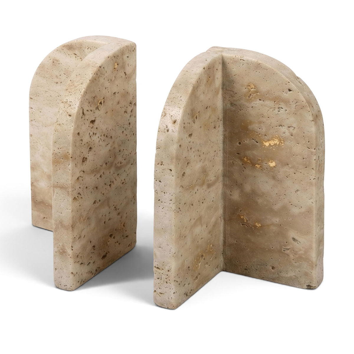 Travertine marble bookend pair, curved upright blocks with center divider slot