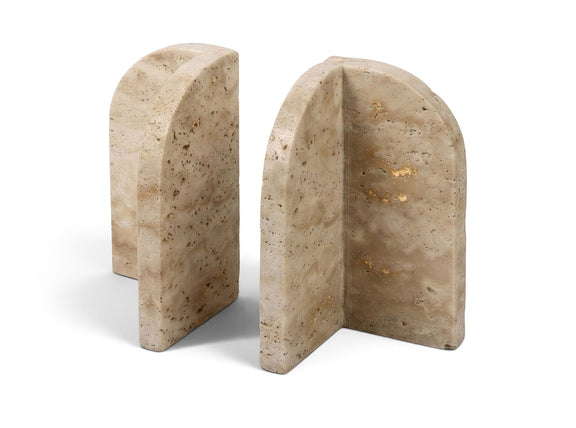 Travertine marble bookend pair, curved upright blocks with center divider slot