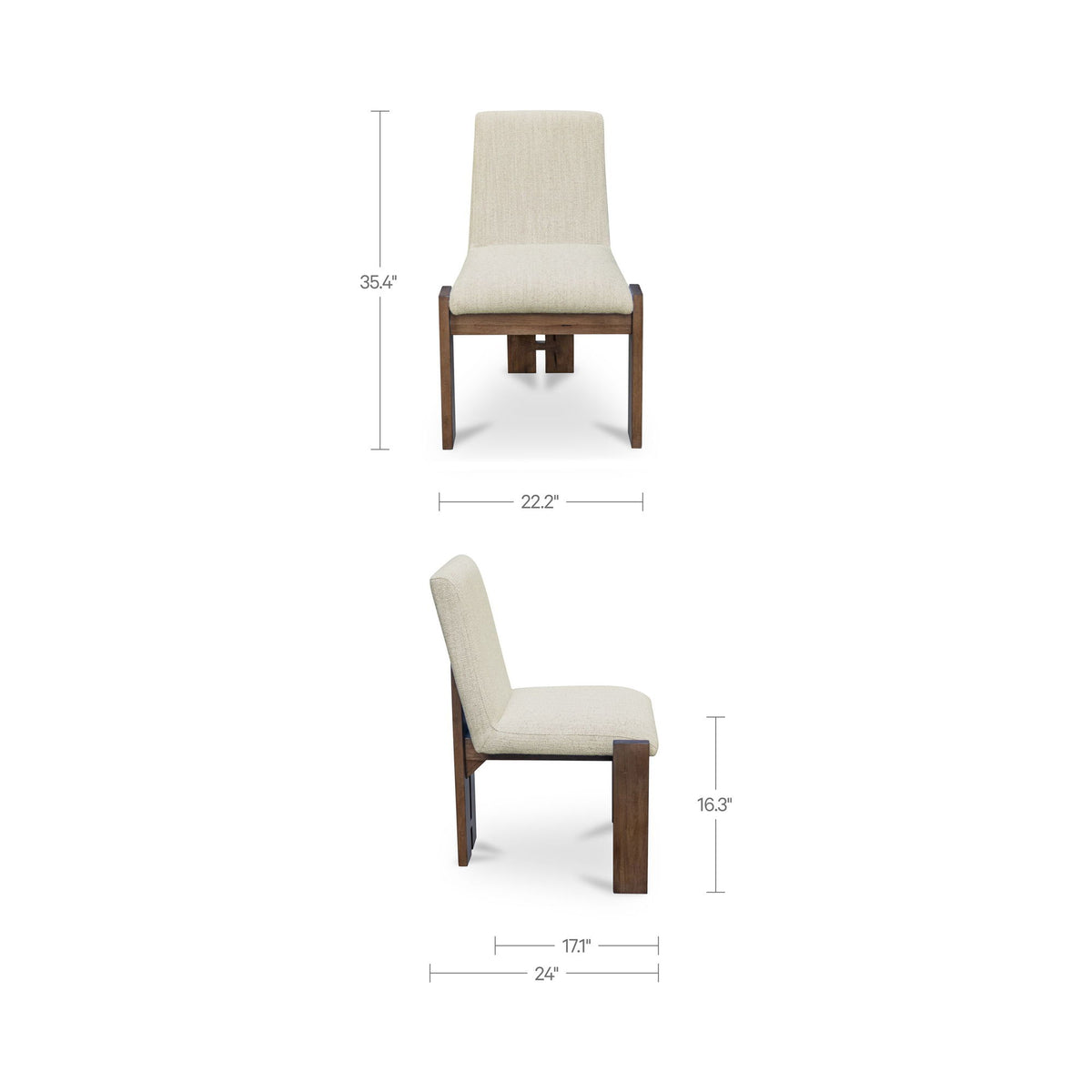Beige dining chair with dark brown wooden frame, with seat and back dimensions