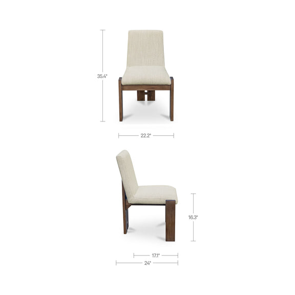 Beige dining chair with dark brown wooden frame, with seat and back dimensions
