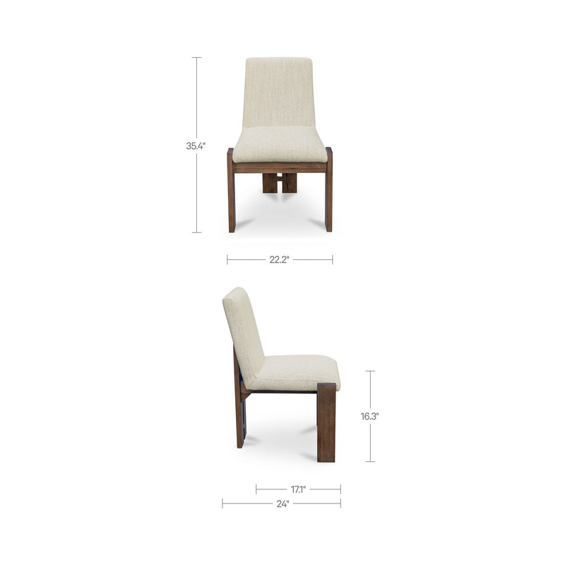 Beige dining chair with dark brown wooden frame, with seat and back dimensions