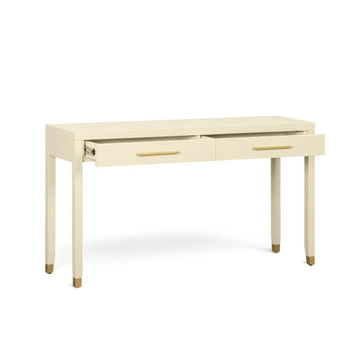 Cream 2-drawer console table with gold bar pulls, shown from the side