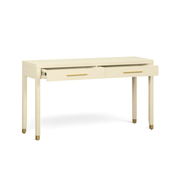 Cream 2-drawer console table with gold bar pulls, shown from the side