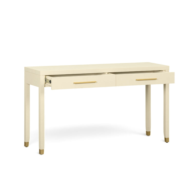 Cream 2-drawer console table with gold bar pulls, shown from the side
