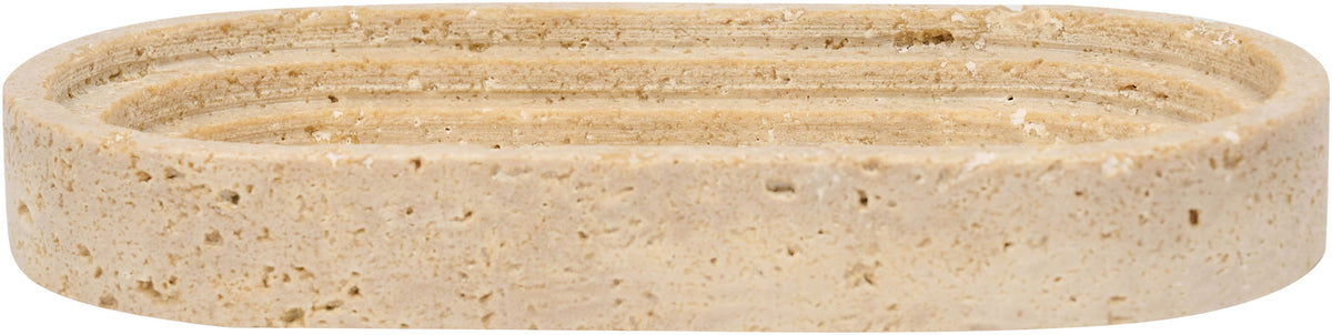 Travertine marble tray with wide oval rim, beige speckled texture and natural streaks.