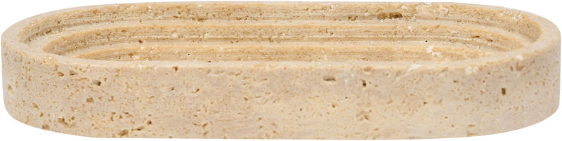 Travertine marble tray with wide oval rim, beige speckled texture and natural streaks.