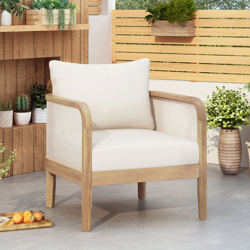 Outdoor Acacia Wood Patio Club Chair, Textilene Patio Furniture, Waterproof Thick Cushion Deep Seating For Porch, Garden, Backyard, Balcony, Weight Capacity 400Lbs, Light Teak - Beige