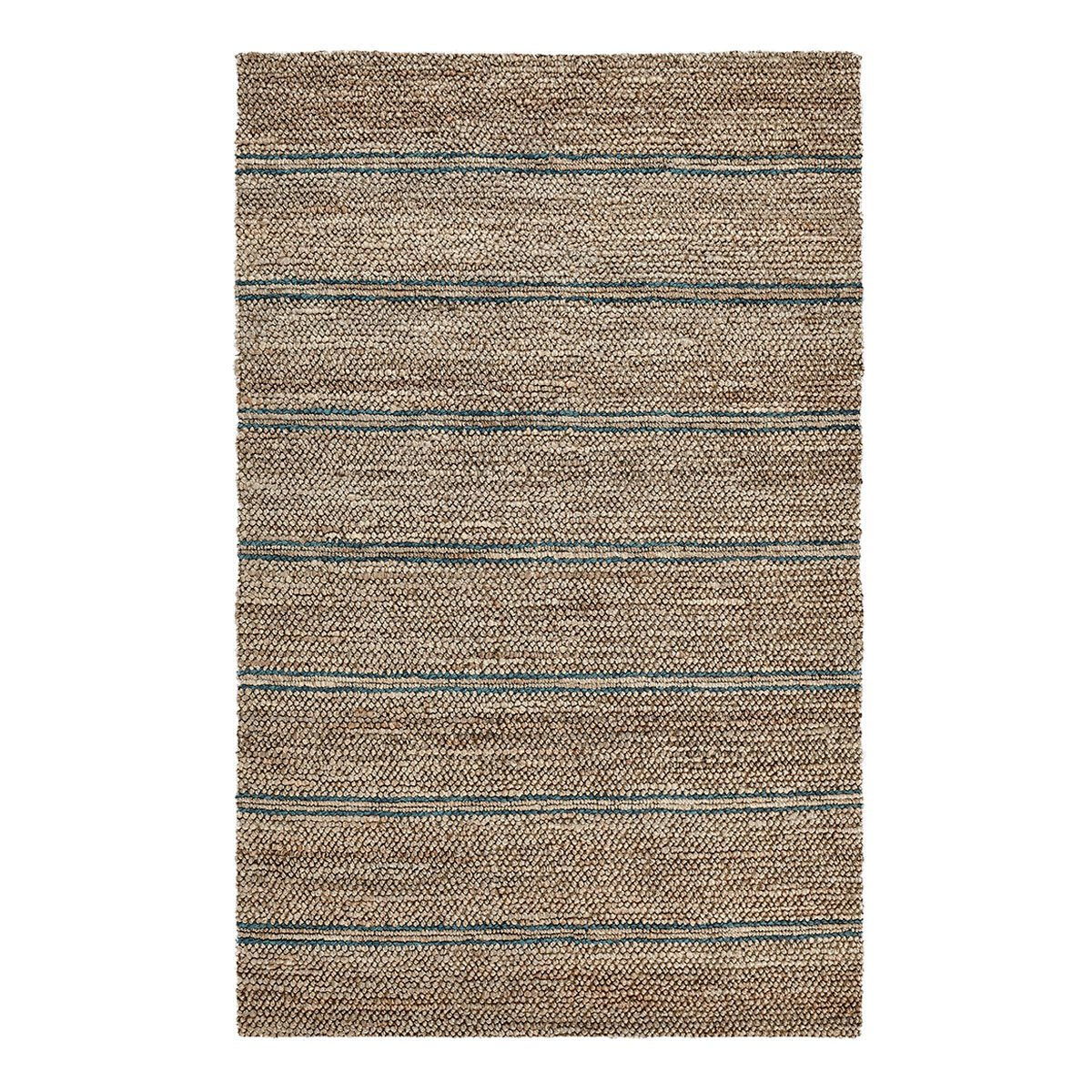 Light brown rug with flat woven texture and horizontal blue striped pattern
