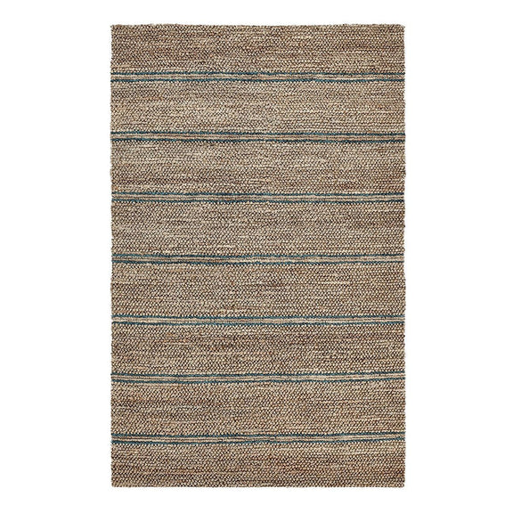 Light brown rug with flat woven texture and horizontal blue striped pattern