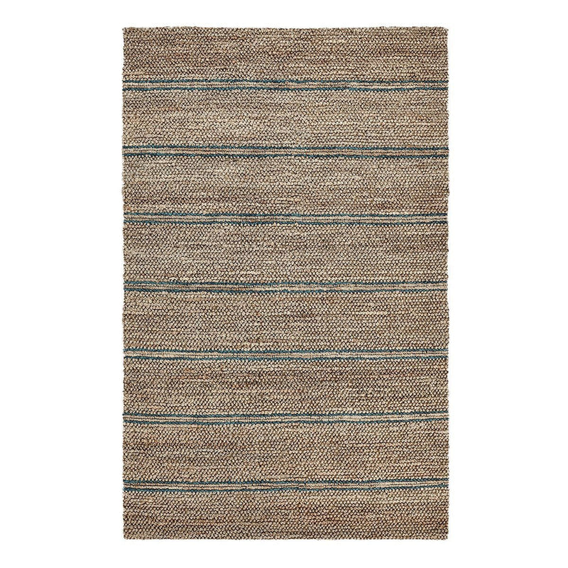 Light brown rug with flat woven texture and horizontal blue striped pattern