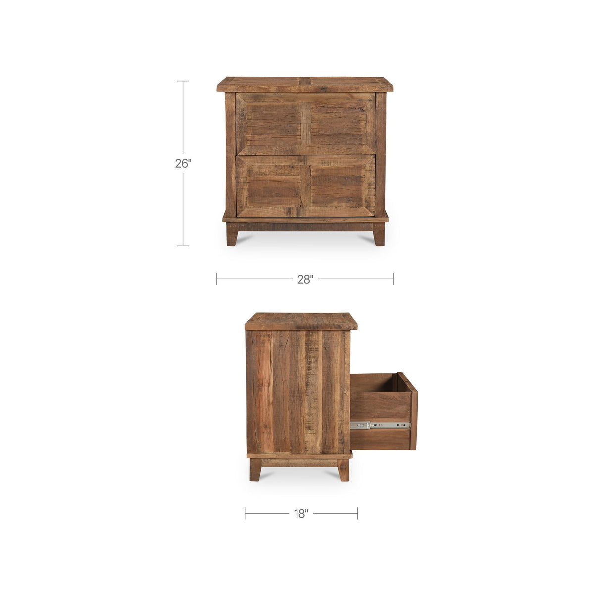 Brown wooden nightstand, 28 in wide, 26 in high, 18 in deep; open side storage.