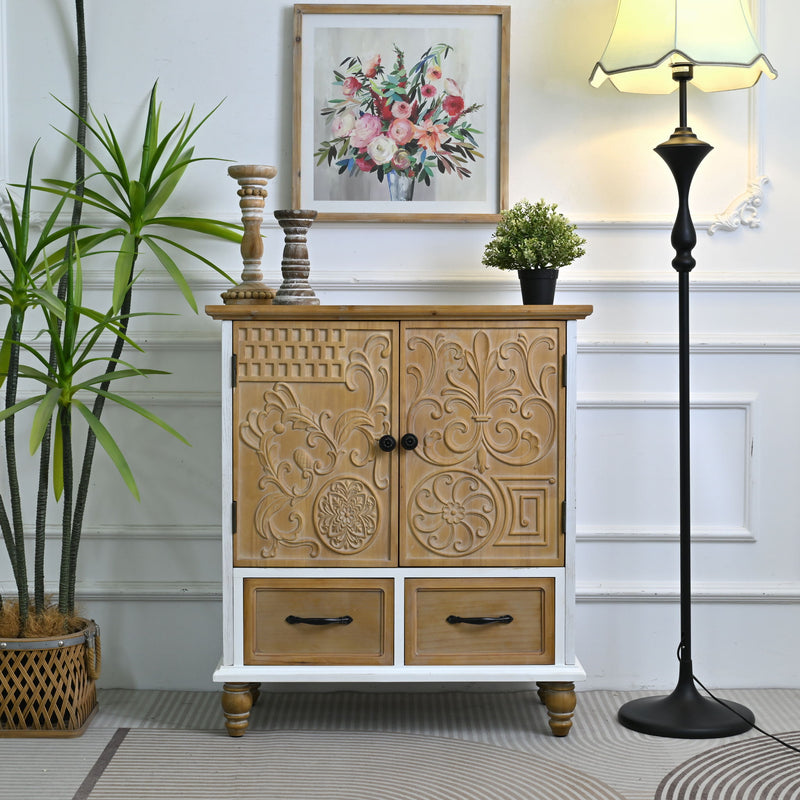 Carved wood door cabinet with two drawers and black handles in white finish
