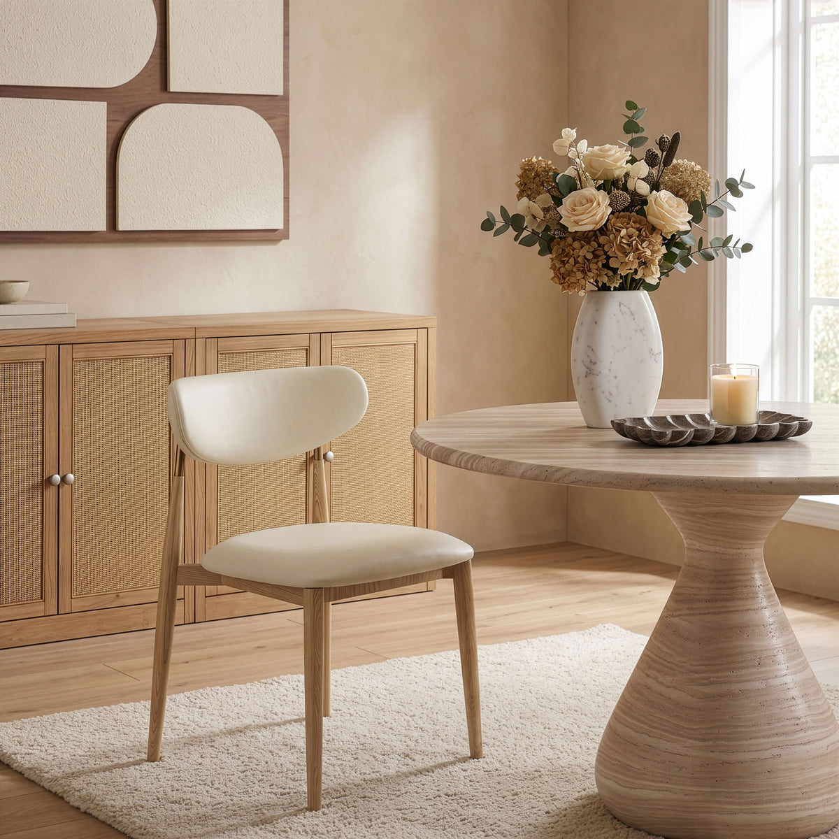 Vegan leather dining side chair with white cushioned seat and light wood legs