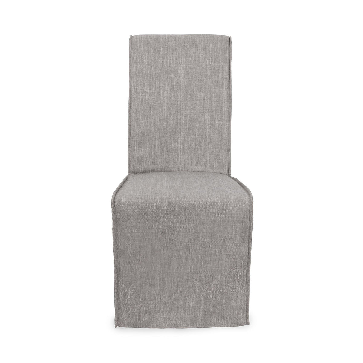Gray upholstered dining chair front view with tall backrest and padded seat