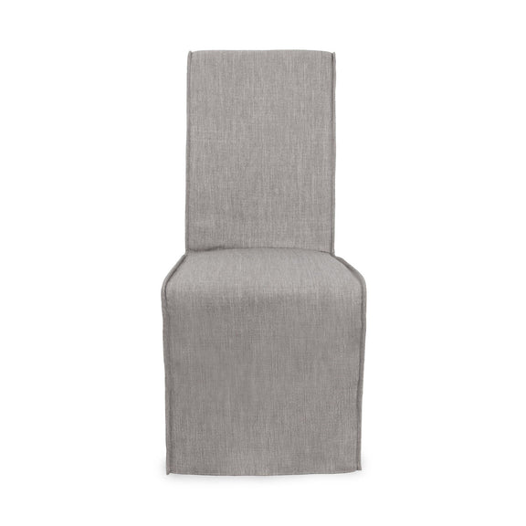 Gray upholstered dining chair front view with tall backrest and padded seat