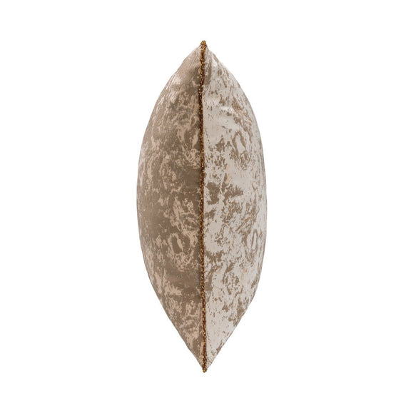 Textured throw pillow in light beige, shown from the side with piped seam