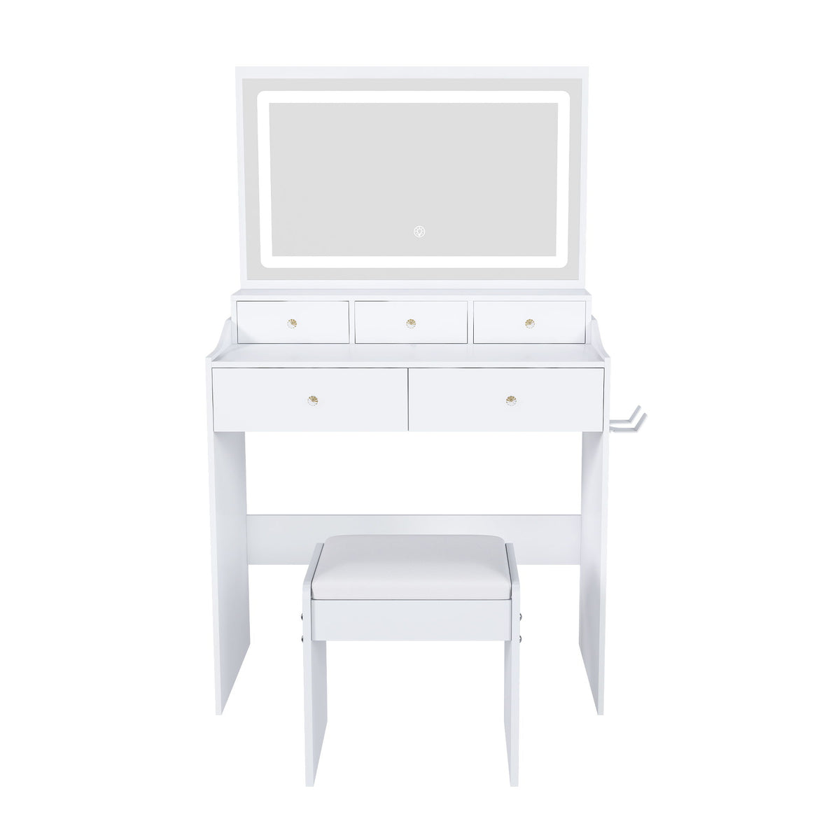 White makeup vanity set with lighted mirror, storage drawers, hair dryer holder, and stool