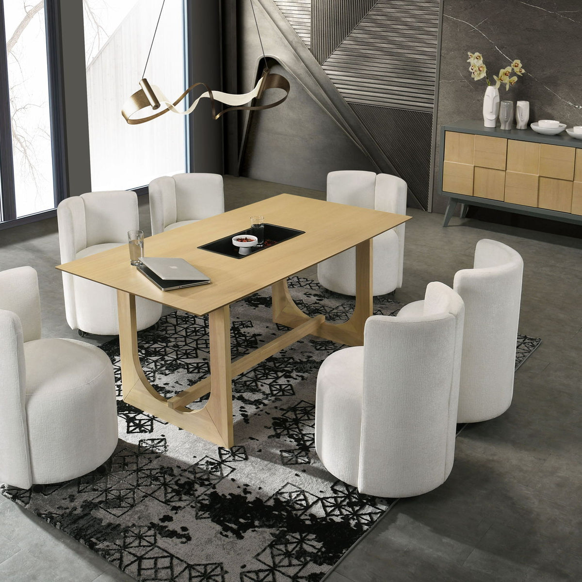 Natural wood dining table with four white upholstered swivel chairs