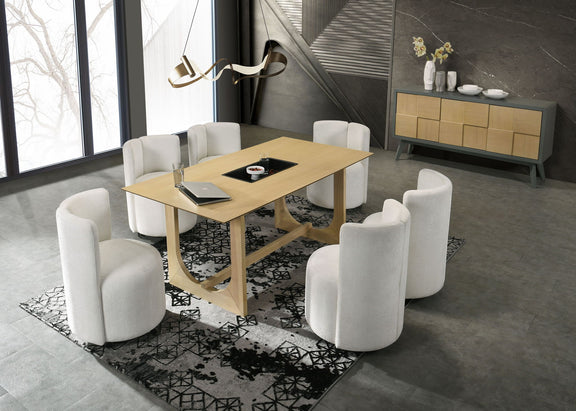 Natural wood dining table with four white upholstered swivel chairs